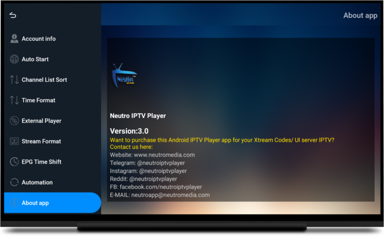 setting page of the neutro spk rebrand iptv player